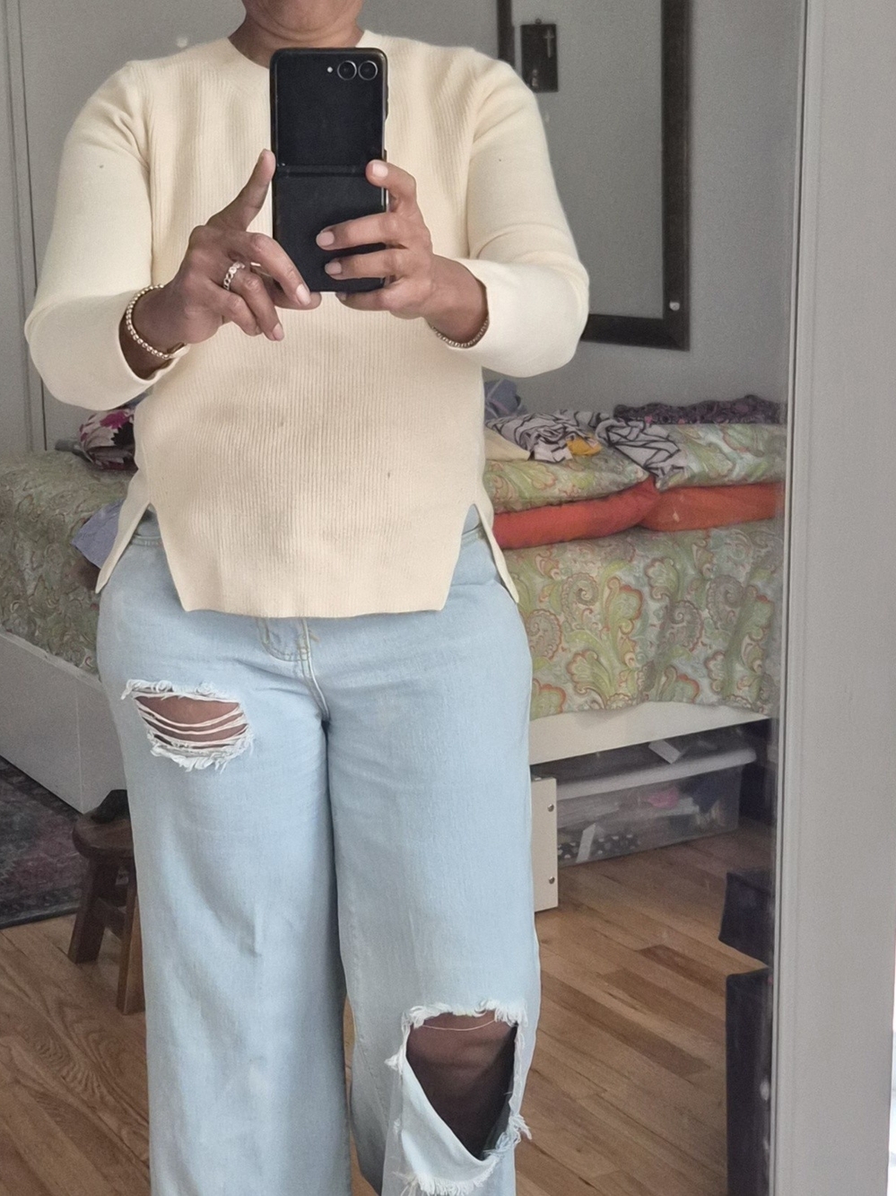 Express Light Cream Ribbed Crewneck Sweater - Picture 3 of 4